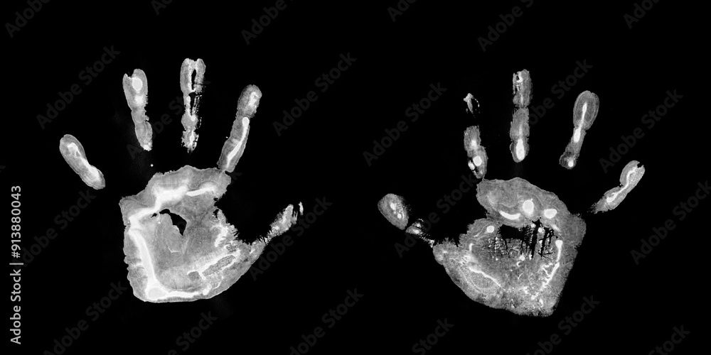 Watercolor, Acrylic White kids Handprints Isolated on Black Background. Isolated Children, Adult Palm Print. Kids Hand Print Crafts. Watercolor, Acrylic White kids Handprints Isolated on Black Background. Isolated Children, Adult Palm Print. Kids Hand Print Crafts.