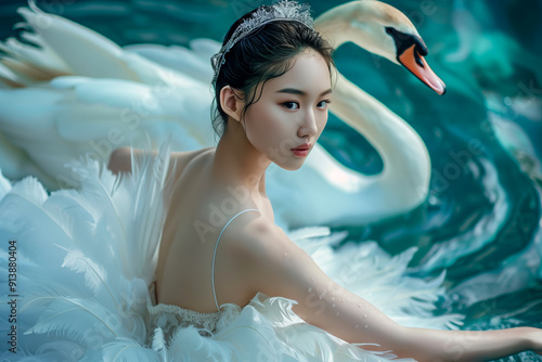 Fototapeta Naklejka Na Ścianę i Meble -  Elegant ballerina with swan in graceful pose