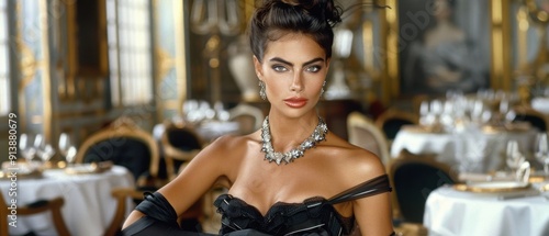 Elegant woman in black dress and jewelry posing in luxurious restaurant setting with chandeliers and classy table settings.