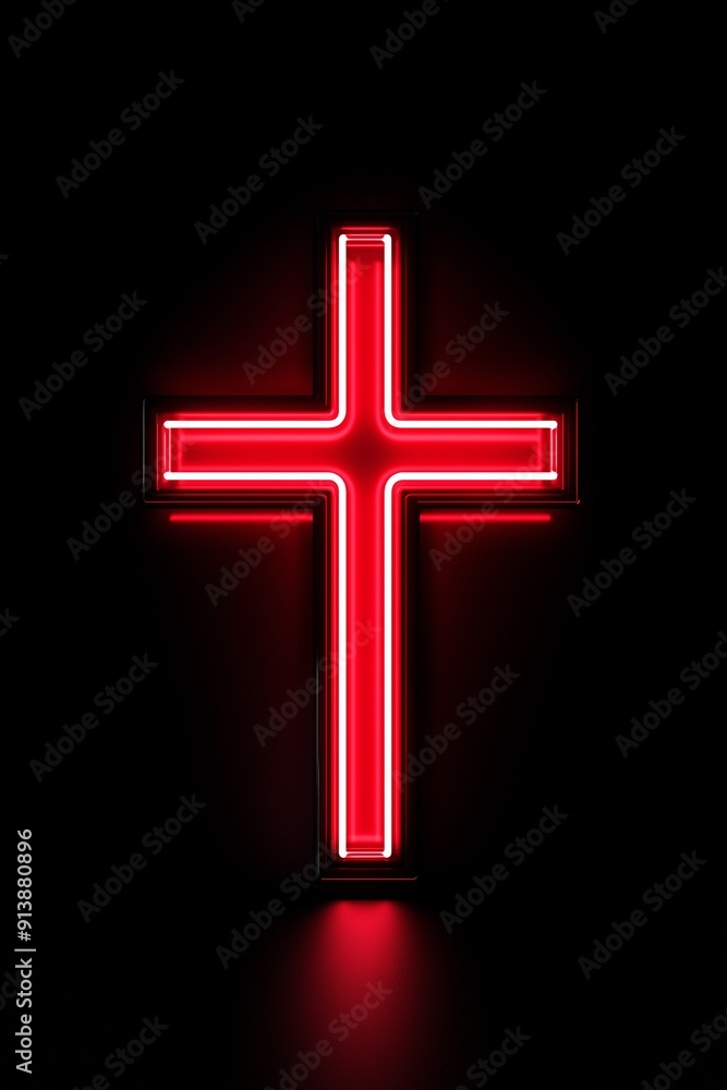 Fototapeta premium Glowing neon cross symbolizing Jesus Christ. Religious icon of faith and prayer. Isolated on a dark background, the neon cross shines brightly. Light in the darkness, symbolizing hope.