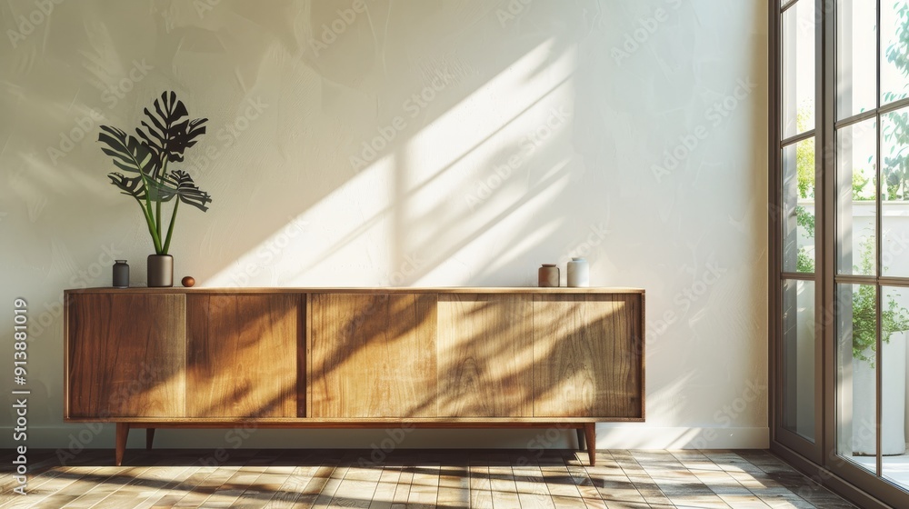 A modern, minimalist wooden sideboard sits in a sunlit room with a large window, casting intricate shadows on the floor and wall. A modern, minimalist wooden sideboard sits in a sunlit room with a large window, casting intricate shadows on the floor and wall.