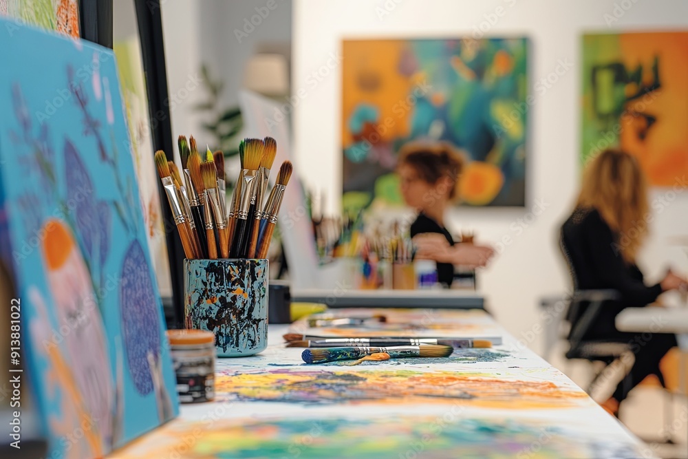 A painting studio with a woman sitting at a desk A painting studio with a woman sitting at a desk