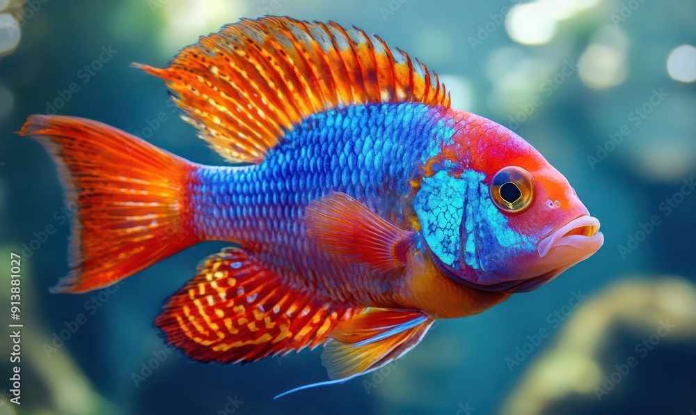 Obraz premium A Vibrant Red, Orange, and Blue Cichlid Fish with a Fin Spread