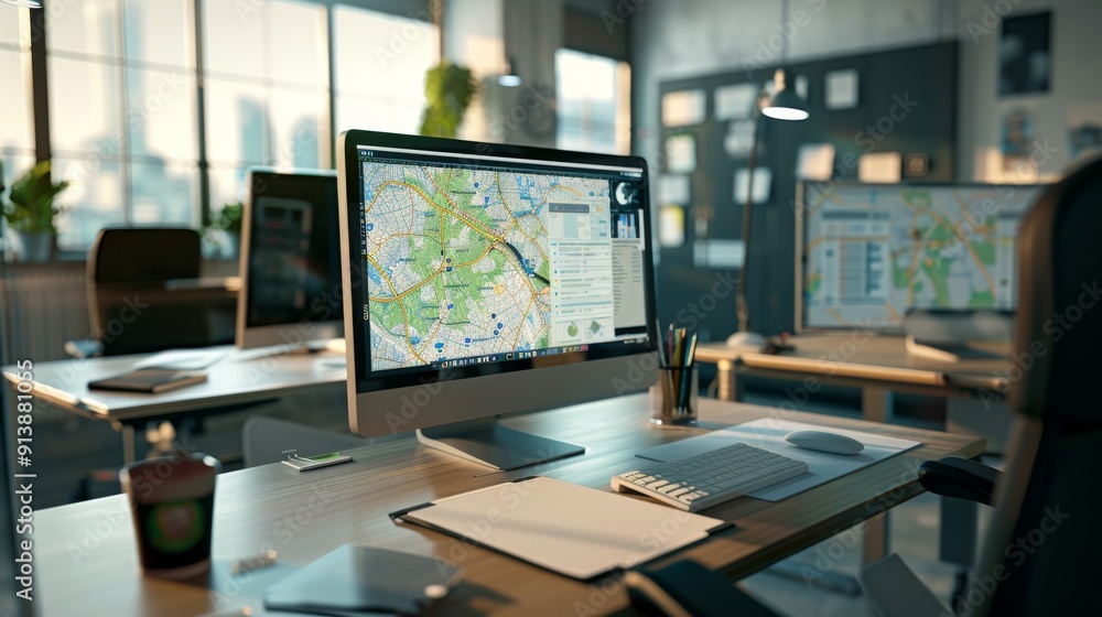 Sunlight floods a modern office space with large windows and computer monitors displaying maps, creating a productive and vibrant environment. Sunlight floods a modern office space with large windows and computer monitors displaying maps, creating a productive and vibrant environment.