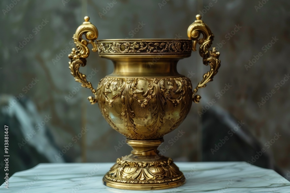 A shiny golden cup displayed on a rustic wooden stand, A decorative golden trophy in an ornate style. Ai generated A shiny golden cup displayed on a rustic wooden stand, A decorative golden trophy in an ornate style. Ai generated
