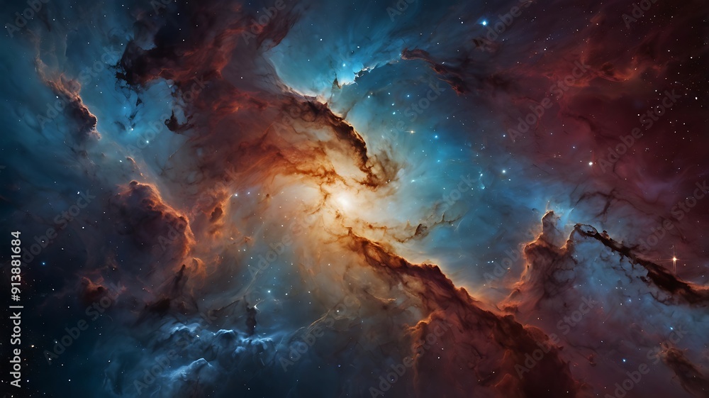 Abstract background of endless space full of nebulas, supernovas and stars on a colorful design, astronomical illustration wallpaper