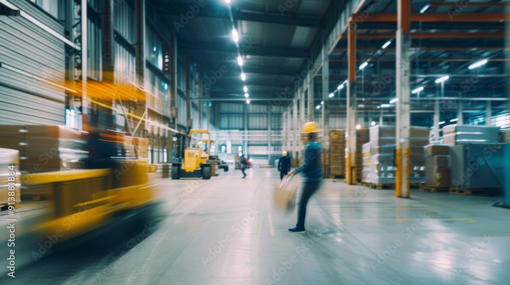 Fototapeta premium Inside a modern, spacious warehouse, workers and vehicles move efficiently under bright lighting, highlighting the organized, industrious atmosphere.