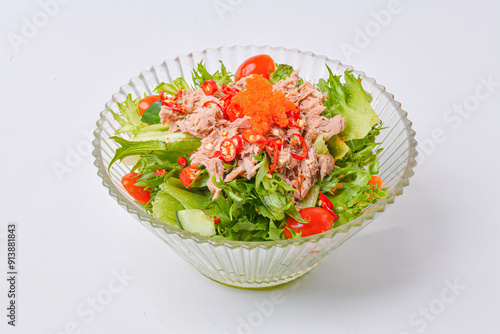 Tuna salad topped with delicious shrimp eggs is ready to eat.