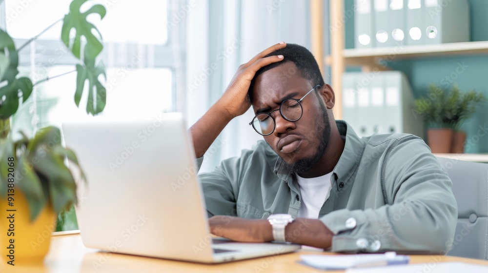 Man with glasses looking frustrated in front of a laptop in a bright office. Man with glasses looking frustrated in front of a laptop in a bright office.