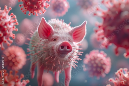 Comical portrayal of virus whimsical pig head fantastically detailed. Whimsical virus tiny pig head microscope adorable yet ironic. Quirky cartoon pig virus symbolizing unpredictability of diseases.