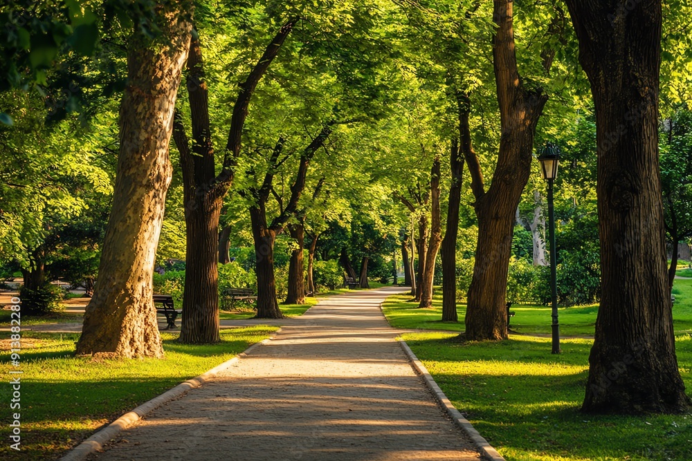 A sun-drenched path winds through a canopy of lush green trees. A sun-drenched path winds through a canopy of lush green trees.
