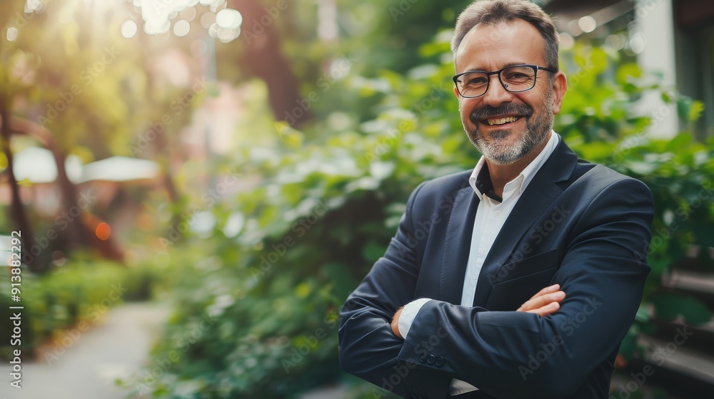 A cheerful businessman in a navy suit stands outdoors with his arms crossed, framed by lush green foliage and bathed in natural light. A cheerful businessman in a navy suit stands outdoors with his arms crossed, framed by lush green foliage and bathed in natural light.