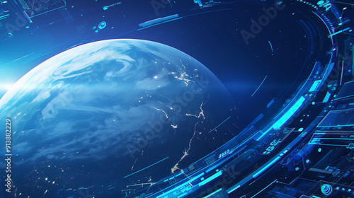 Cryptidcore Earth in a Dark Blue Space with Luminous Blue Circle: A Technological, Political, and Social Commentary with High Horizon Lines and Glass Elements
