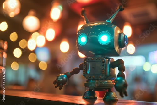 Retro Robot with Glowing Eyes in a Warm Setting.