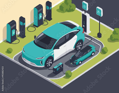 Isometric Electric car refueling. Power supply for electric car charging. Modern technology and environment care