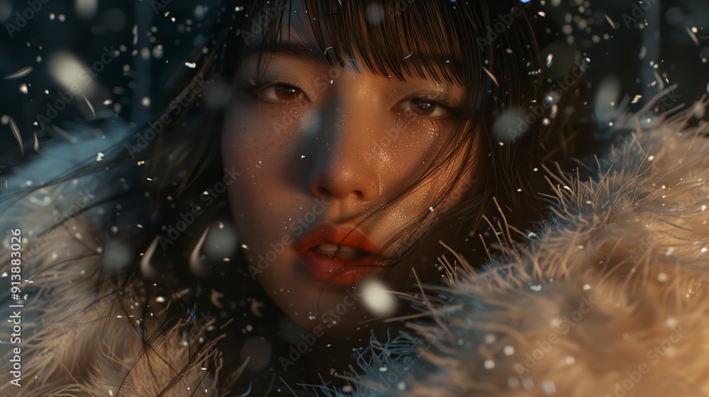 Captivating Portrait of a Young Woman in a Snowy Setting During Winter Evening Captivating Portrait of a Young Woman in a Snowy Setting During Winter Evening