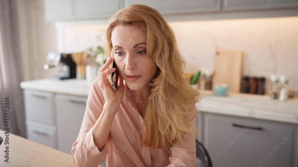 Zooming out from busy Caucasian entrepreneur using smartphone and laptop same time. Serious woman talking with her client or co-worker on cell phone. Working online in cosy kitchen. Zooming out from busy Caucasian entrepreneur using smartphone and laptop same time. Serious woman talking with her client or co-worker on cell phone. Working online in cosy kitchen.