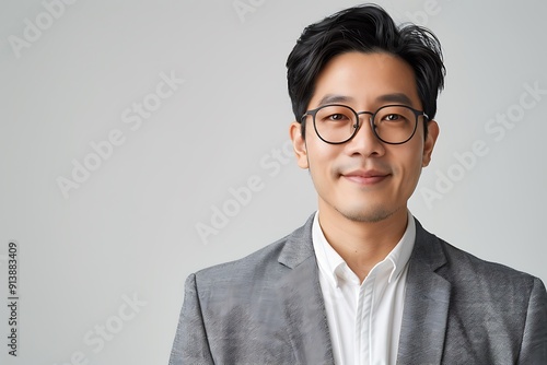 Smiling Asian Man in a Suit and Glasses