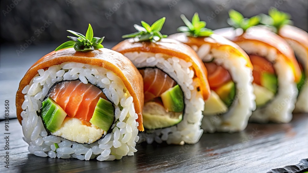 Delicious sushi roll with fresh fish, avocado, and rice , Japanese cuisine, seafood, raw fish, Asian food, traditional Delicious sushi roll with fresh fish, avocado, and rice , Japanese cuisine, seafood, raw fish, Asian food, traditional