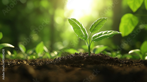 A vibrant green plant emerging from rich soil, symbolizing growth and renewal in a lush, sunlit environment.