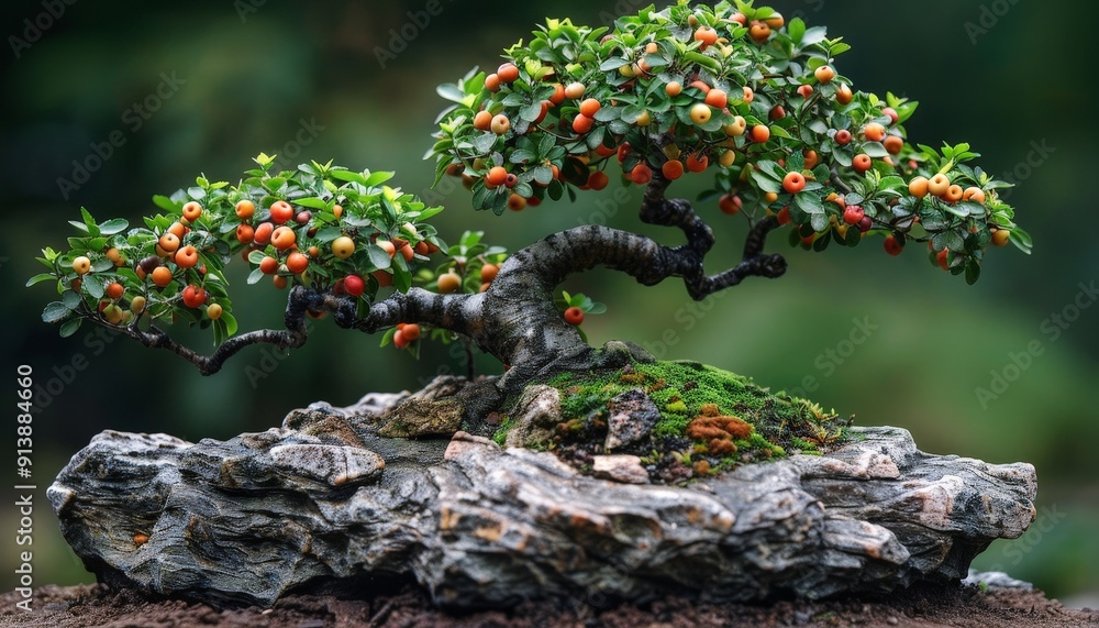 A bonsai styled in Root Over Rock, with its roots wrapping around a rugged rock A bonsai styled in Root Over Rock, with its roots wrapping around a rugged rock