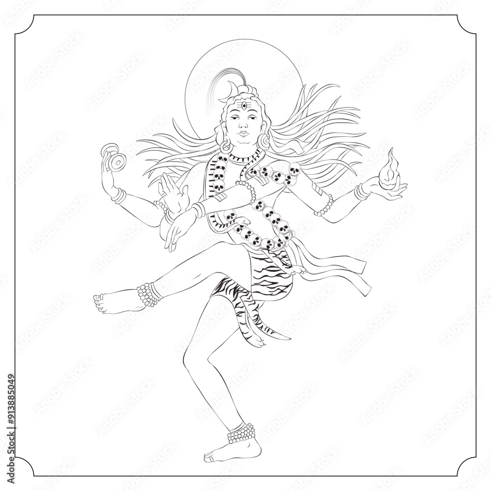 Obraz premium Indian Goddess Kali Dancing Isolated Outline Vector Illustration