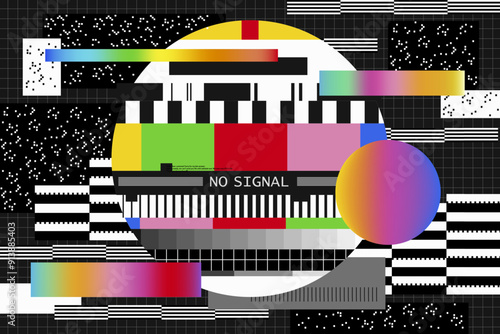 No signal banner or retro tv background with pixel glitch. Vintage transmission test. Broadcast backdrop with stripes. Electronic video communication noise . Media and analog technology. Distortion