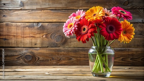 Wallpaper Mural Gerbera flower arrangement in vase on rustic wooden table, gerbera, flower, arrangement, vase, rustic, wooden, table, decor, home Torontodigital.ca