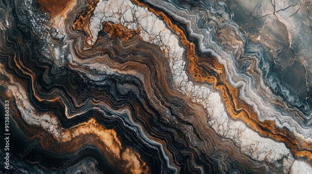 Abstract Swirling Pattern of Black, Brown, and Grey Marble