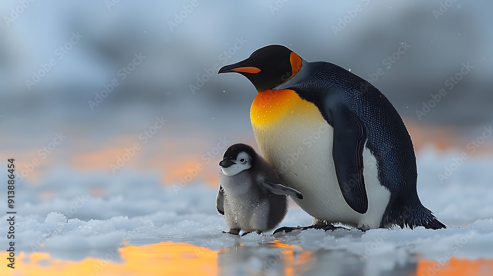 Naklejka premium Penguins are standing on the snow.