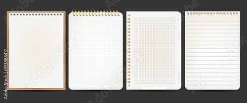 Realistic notebook pages or vector lined notepaper, Set of isolated background for office document or grid page. Notepad sheet backdrop with dotted surface. Education or school empty memo. Note paper