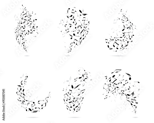 Set of wavy music notes with shadow. Vector sound elements curve or mensural musical notation swirl. Artistic harmony decoration. Orchestra tune and concert instruments tone. Festival performance