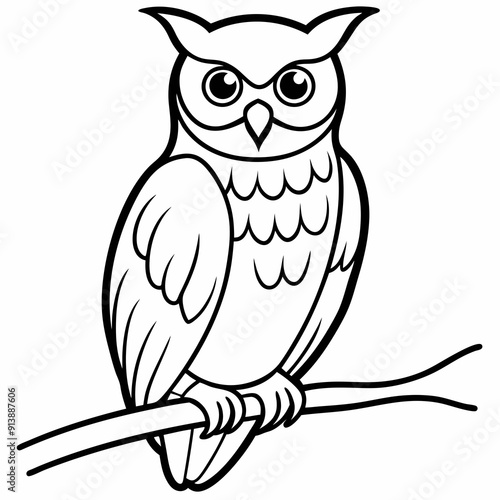A detailed portrait of an owl perched on a branch vector line art illustration