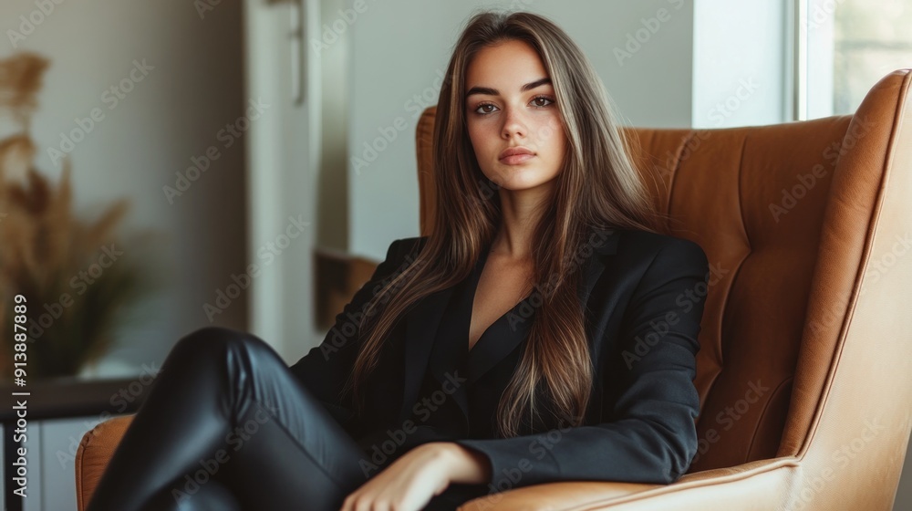Portrait of a Confident Woman in a Leather Chair Portrait of a Confident Woman in a Leather Chair