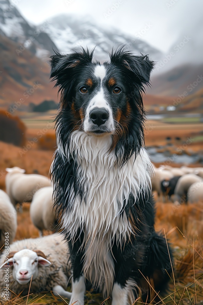 Fototapeta premium Border collie in a meadow with sheep, soft focus on dog, mountains in background, overcast light