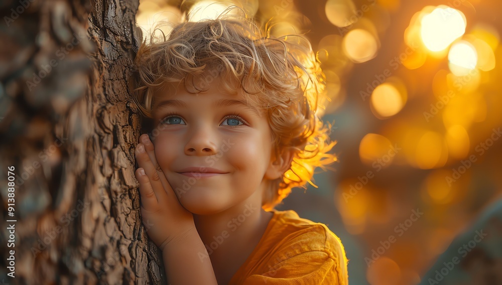 Boy hugging a tree in a sunlit forest, warm golden hour light, happy expression, nature setting Boy hugging a tree in a sunlit forest, warm golden hour light, happy expression, nature setting