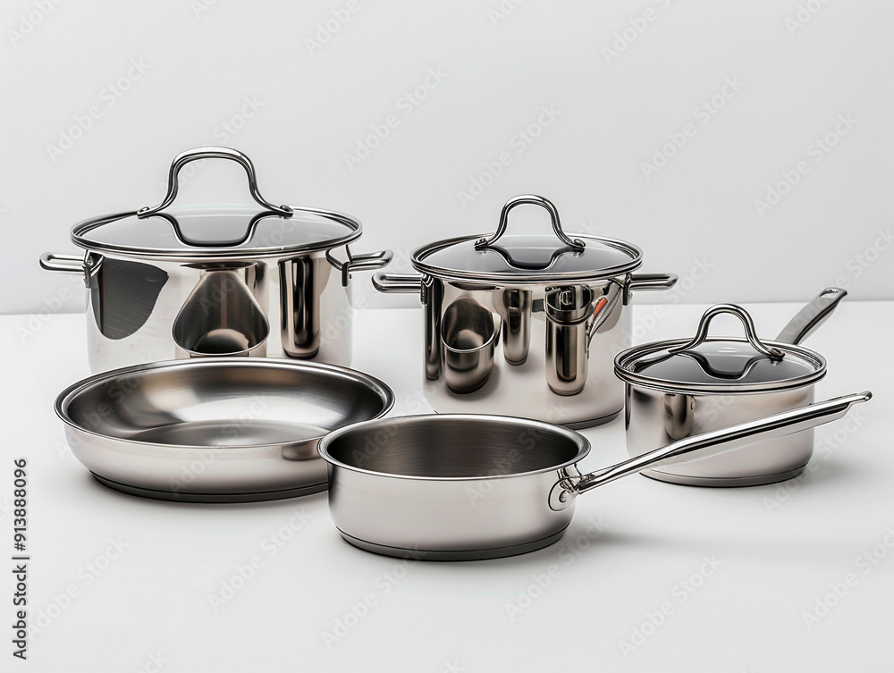 Stylish Stainless Steel Cookware Set Arranged Neatly on a Clean Surface Stylish Stainless Steel Cookware Set Arranged Neatly on a Clean Surface
