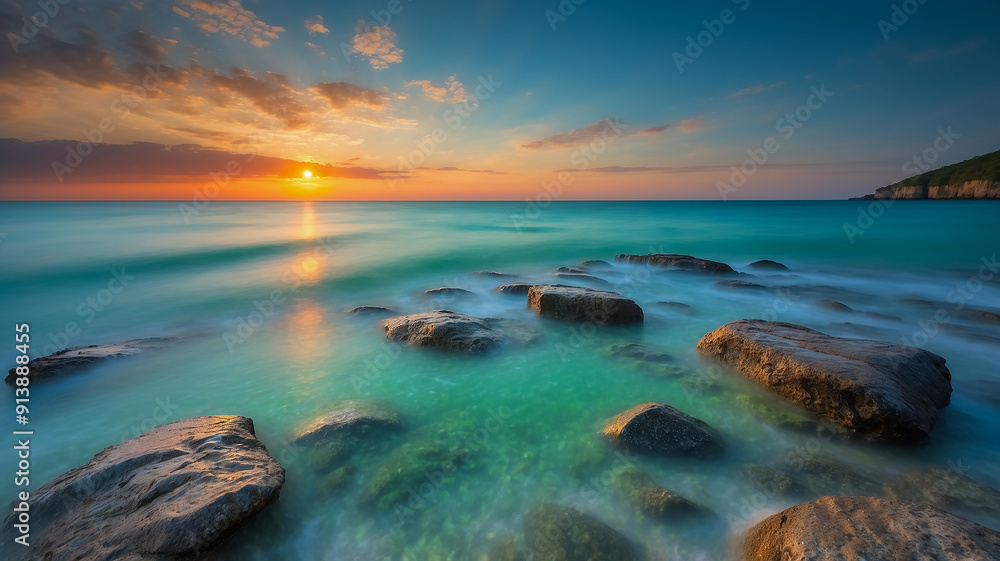 Landscape, beautiful emerald beach and sunset. Landscape, beautiful emerald beach and sunset.