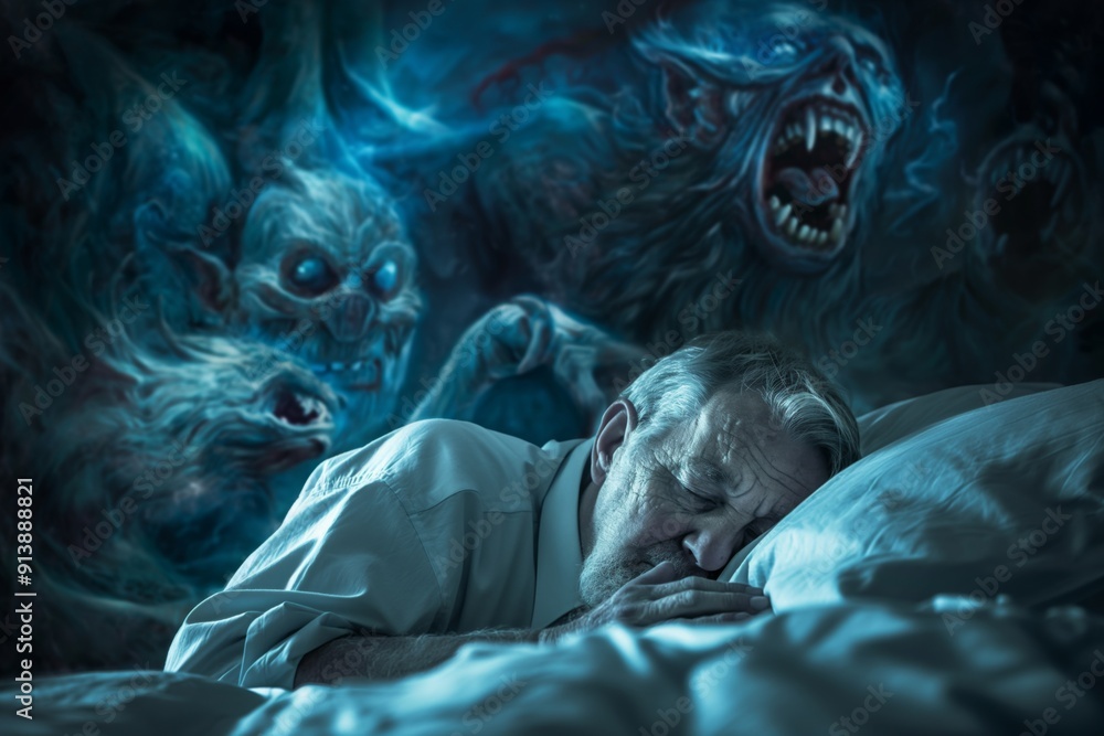 Horror dream blends real life he rests bed. Surreal dream shows eerie creatures haunting elderly man. Exploring thin boundary dreams and reality. Old man sleeps peacefully while creepy creatures Horror dream blends real life he rests bed. Surreal dream shows eerie creatures haunting elderly man. Exploring thin boundary dreams and reality. Old man sleeps peacefully while creepy creatures