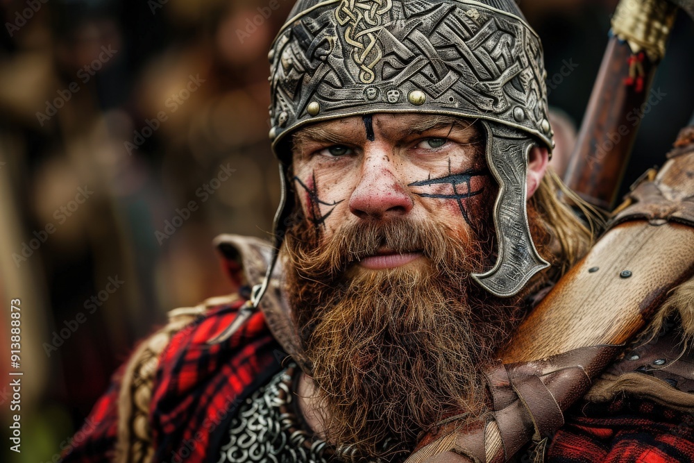 A fierce Celtic warrior stands resolute, adorned in intricate armor, with striking painted facial markings, ready for battle. A fierce Celtic warrior stands resolute, adorned in intricate armor, with striking painted facial markings, ready for battle.