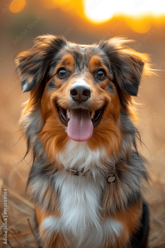 Happy dog with medical cone, sitting against an orange background, cheerful and positive