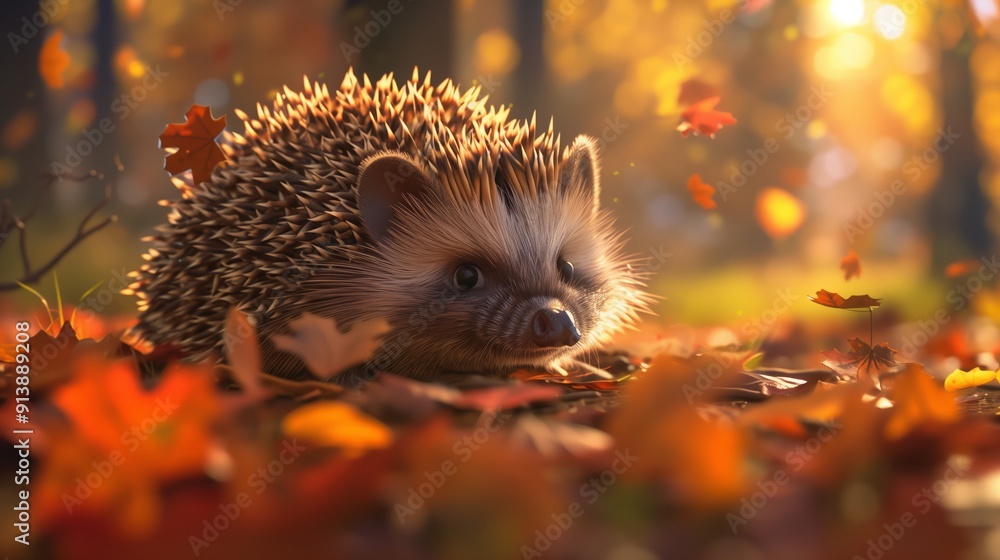 Fototapeta premium Hedgehog Exploring a Colorful Autumn Forest Covered in Fallen Leaves