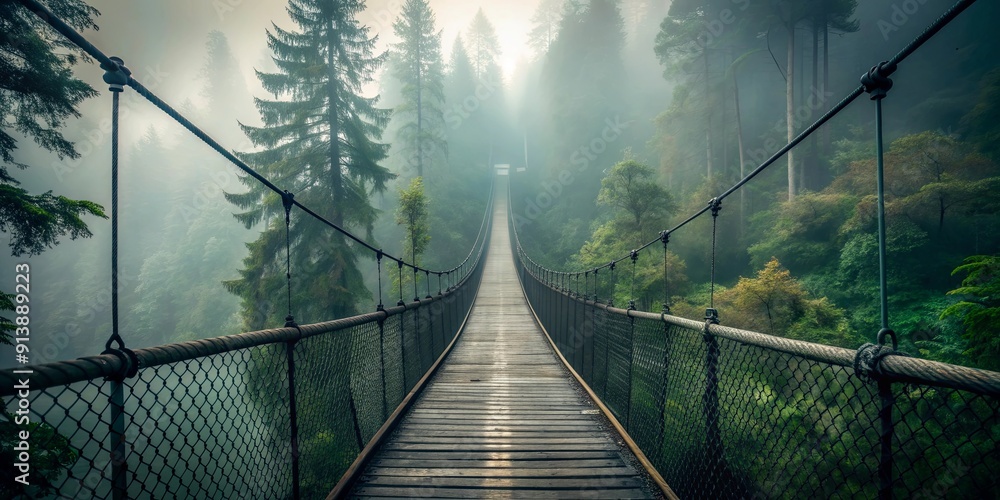 Fototapeta premium Moody scene of an empty suspension bridge in a foggy forest on a rainy day , suspension bridge, river, fog, forest, rainy day