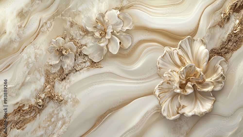 A gold and white floral design is painted on a white background A gold and white floral design is painted on a white background