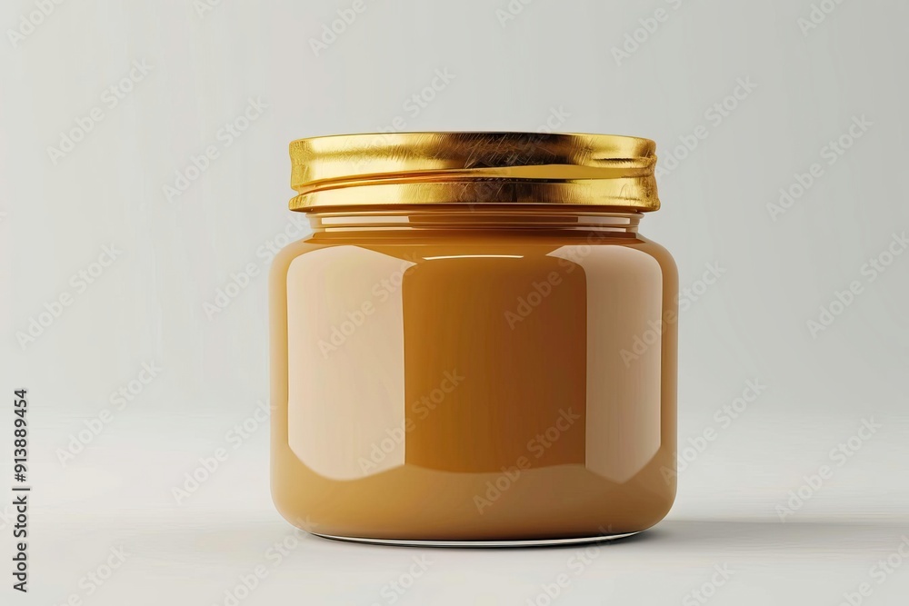 A close-up view of a jar with a golden lid, showcasing a smooth, creamy brown substance inside, perfect for culinary use. A close-up view of a jar with a golden lid, showcasing a smooth, creamy brown substance inside, perfect for culinary use.