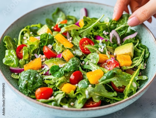 Person enjoying a probioticrich salad, Probiotic Salad, focusing on healthy eating habits photo