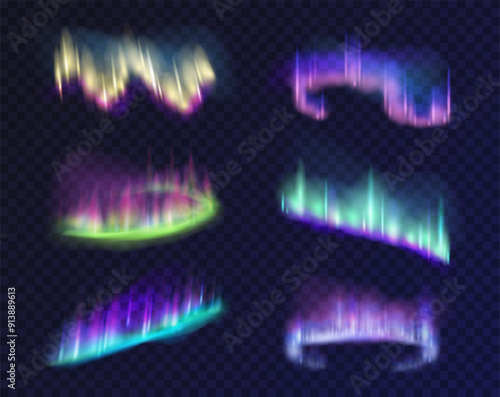 Set of polar light or north glowing effect. Vector aurora borealis nature phenomenon. Northern astronomy luminescence. Astral and magnetic, abstract magical element. Galaxy and universe graphic