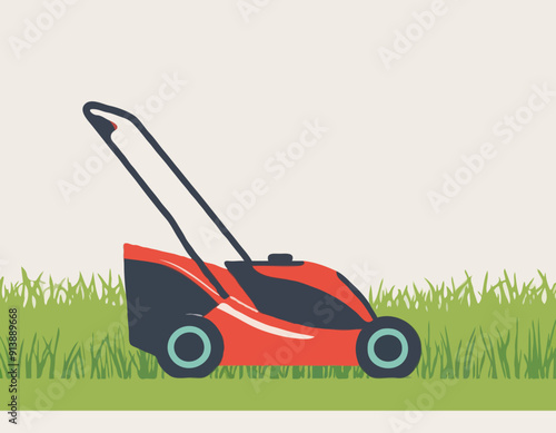 Red Lawn mower icon. Electric work tool for cutting grass 