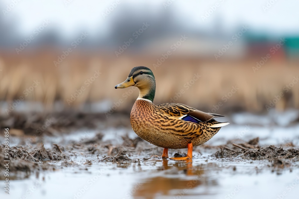 A serene mallard duck stands gracefully in a wetland, showcasing its vibrant plumage and natural habitat during a calm day. A serene mallard duck stands gracefully in a wetland, showcasing its vibrant plumage and natural habitat during a calm day.