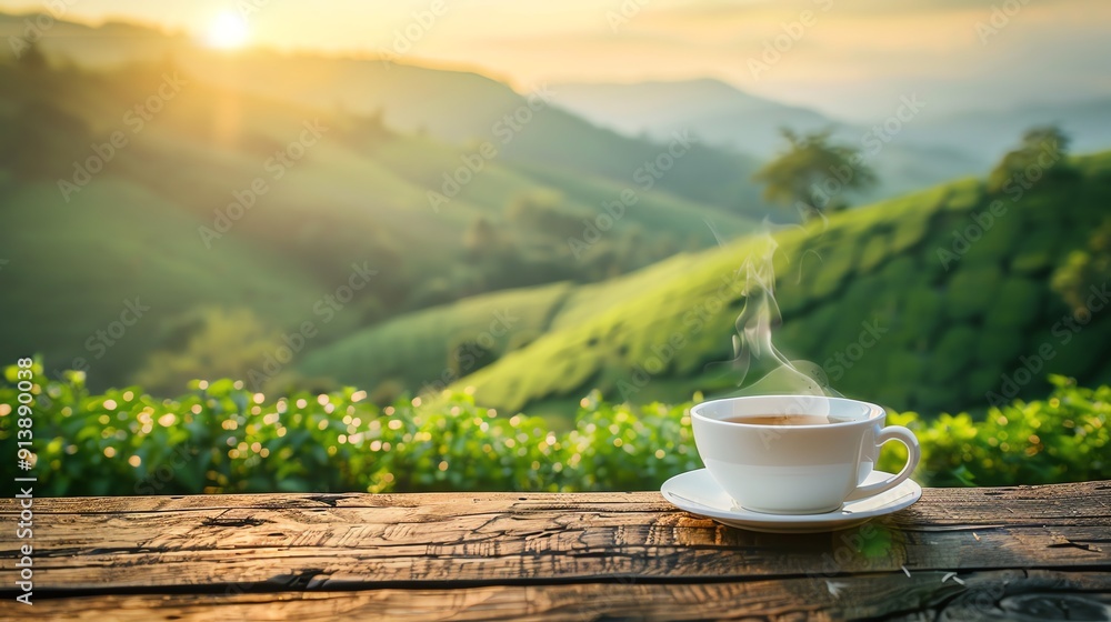 custom made wallpaper toronto digitalSteaming cup of tea on a wooden table with lush green hills in the background